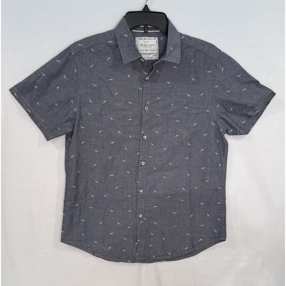 Men’s Denim And Flower Small Dress Shirt, Slim Fit, Short Sleeve Blue Small